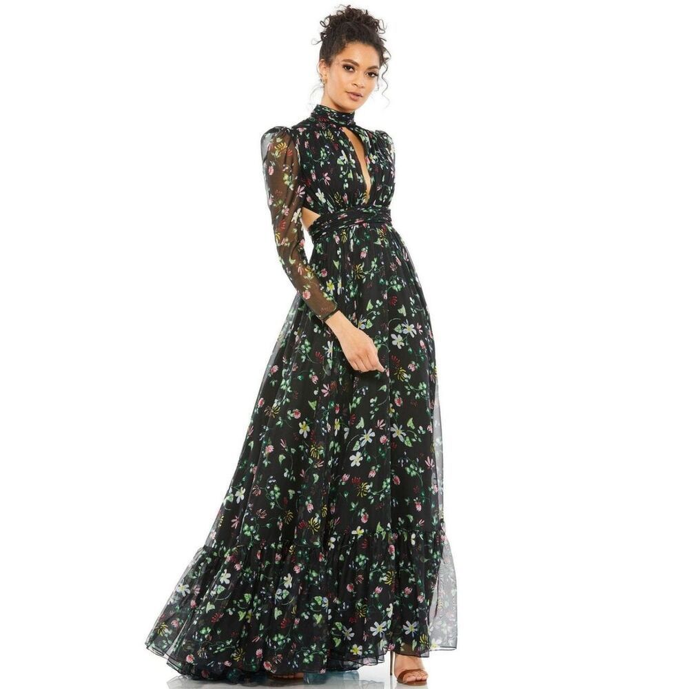 NWT Mac Duggal Black size 2 Floral High Neck Puff Sleeve Corset Back Maxi Dress